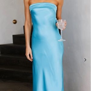 Blue Satin Strapless Dress